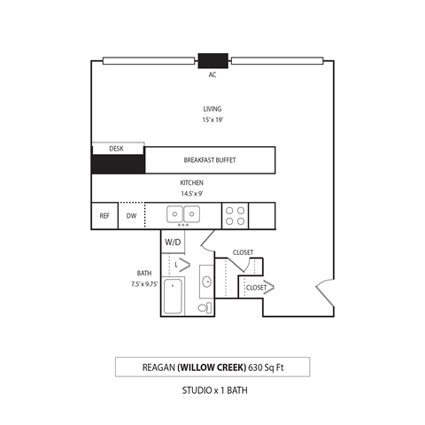 Floor plan for studio, 1 bath, 630 sqft